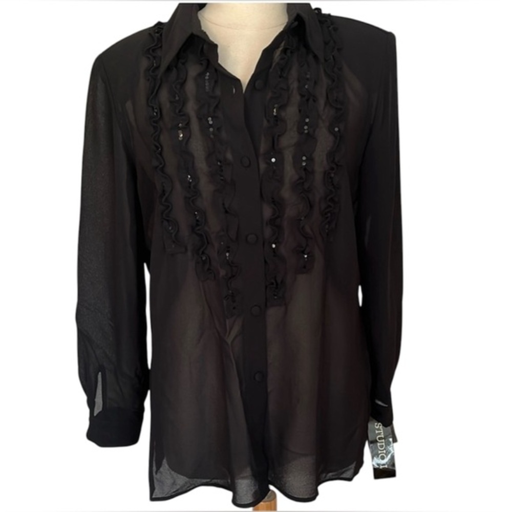 NWTS Studio I Black sheer Blouse with black sequins 5”slits on the side Size 14